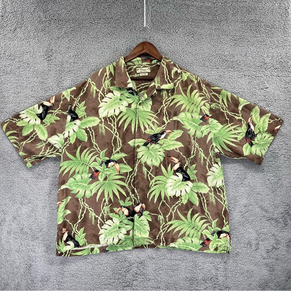 Pusser's Island Reserve Hawaiian Shirt 100% Silk Brown Green Men Size XL